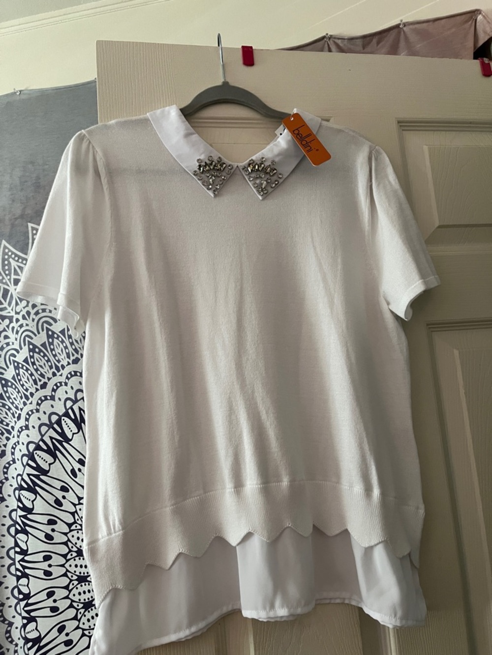 Belldini White Short-Sleeve Top with Jeweled Peter Pan Collar